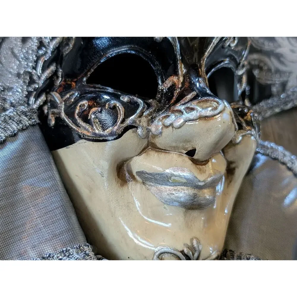 NEW! TOOMEY'S Mardi Gras HANDMADE JESTER Mask Full Face Black Silver Party
